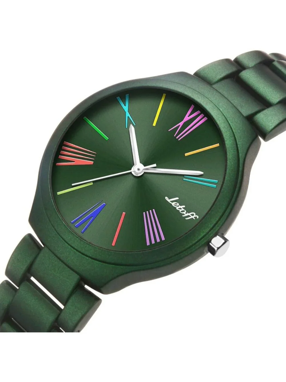 Women's Green Colorful Roman Numerals, Interchangeable Metal Strap Wrist Watches